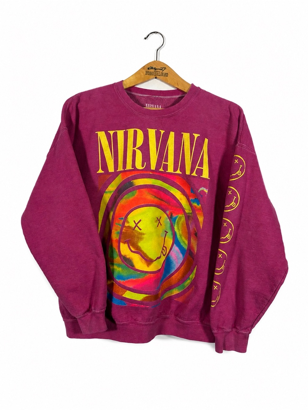 Urban Outfitters Nirvana Helix Smile Overdyed Crewneck Sweatshirt Pink S/M